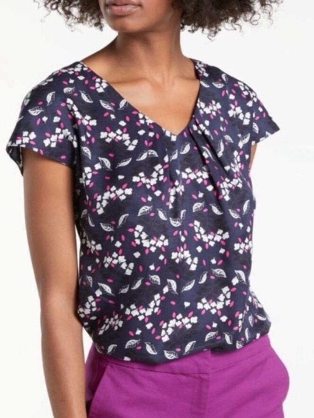 Boden Navy Floral V-Neck Flutter Sleeve Top with Pink Accents